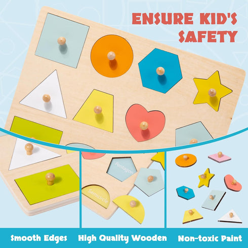 Montessori Toy for Babies 12-18 Months, Wooden Shape Puzzles for Toddlers 1-3, Baby Puzzle with Knob, Color & Shape