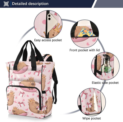 Bolaz Backpack Capybara Pink Diaper Bag Tote Multifunction Baby Nappy Changing Bags Large with Stroller Straps Travel