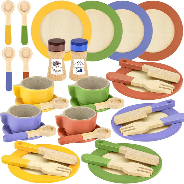Wooden Play Dishes and Plates for Kids Kitchen Set Accessories for Toddlers