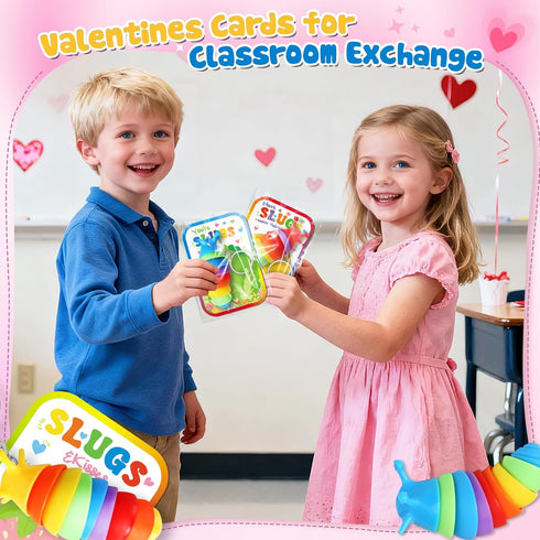 Kids,24 Pack AuroTops Valentines Day Cards for Cute Keychains Bulk Sensory Slug Fidget Toys with Valentines Cards