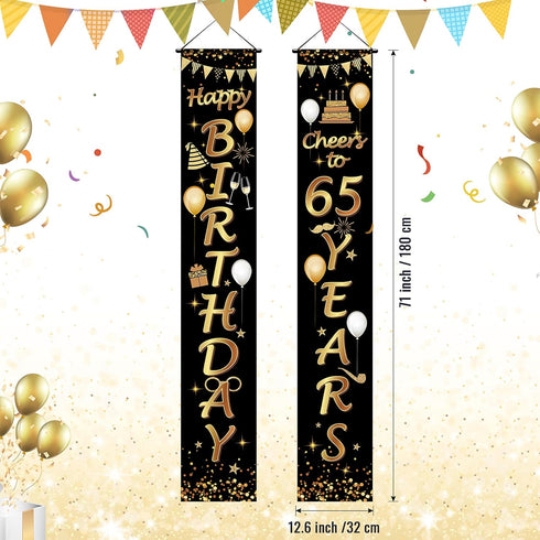 2 Pieces Black and Gold 65th Birthday Party Decorations, Cheers to 65 Years Banner for Men and Women
