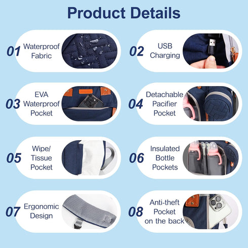 Backpack, Backpack, JOYCE Baby Diaper Bag with Diaper Changing Station, Multi-functional Travel Waterproof for Baby