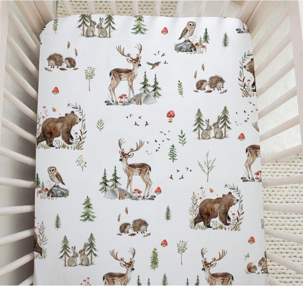 Woodland Animals Baby Crib Sheets - Unisex Bear Deer Hedgehog Owl Squirrel Rabbit, Standard Crib Toddler