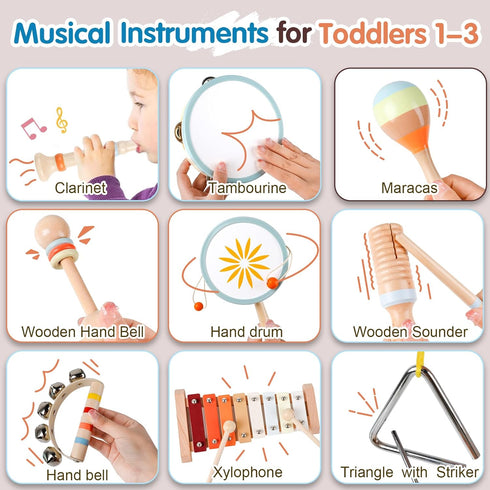 Set, 9PCS 1, 2, 3 Wooden Toddler Musical Instruments Kids Montessori Toys, Baby Toys with Xylophone & Drum, Educational