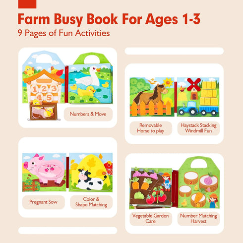1-3 1 1 hahaland Busy Book for Toddlers - Farm Animals Quiet Busy Board for Year Old, Montessori Toys for Year Old Boy