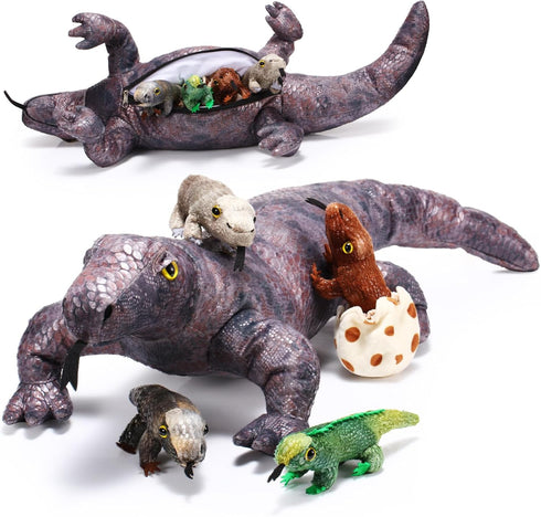 Lenwen 5 Pieces Komodo Dragon Plush Toy Set with 26 Inch Giant Lizard and 4 Plush Baby Lizards for Kids Birthday Gift