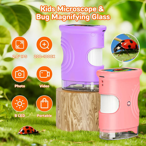 Ashfly 1000X 2.0" 4-6 8-12, Handheld Digital Microscope for Kids with IPS Screen, Easter Gifts Portable STEM Science