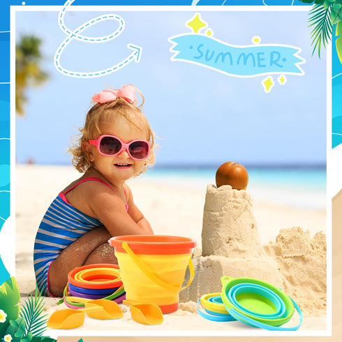 12 Pcs Foldable Pail Bucket with 12 Shovels, 2.5 L Collapsible Sand Buckets for Beach Toys, Colorful