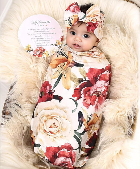 Set Galabloomer Baby Girl Newborn Receiving Blanket with Headband Baby Swaddle Nursery Swaddle Wrap with Card (Ivory