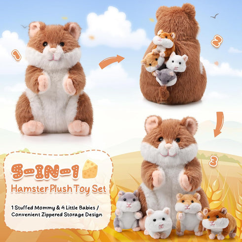 5 Set 14 Inch Mommy 4 Deekin Pcs Hamster Stuffed Animal Hamster with Cuddly Plush Babies in Belly Cute Plush Toys Gifts