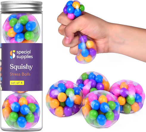 Squishy Stress Ball Squeeze, Color Sensory Toy for Tension Relief, Fun for Kids and Adults (4-Pack)