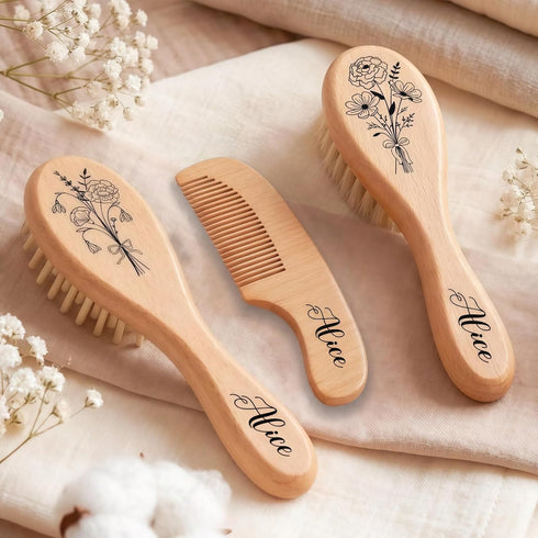 BMVDDFF Set, Customed Baby Hair Brush Wooden Comb Massage Scalp Comb with Name and Birth Flower, Hair Care Kit