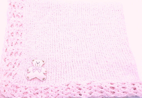 Sanjit Knitted Crochet Finished Med Pink Chenille Large Blanket with Large White Bear
