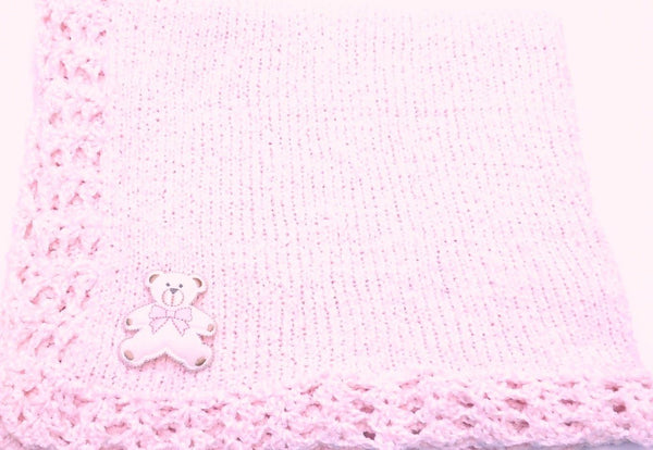 Sanjit Knitted Crochet Finished Med Pink Chenille Large Blanket with Large White Bear