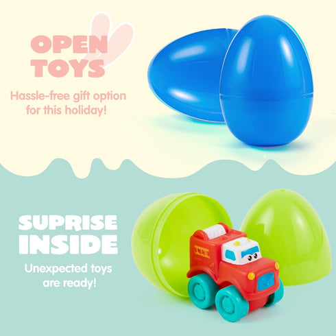 12 JOYIN Pcs Easter Eggs with Toys, Plastic Eggs with Rubber Cars, Basket Stuffers, Party Favors for Toddlers and Kids