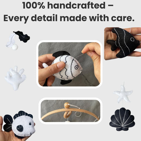 High-Contrast Black & White Fish Montessori Baby Mobile for Crib, Adjustable Wooden Arm Holder, Easy Clip-On Nursery