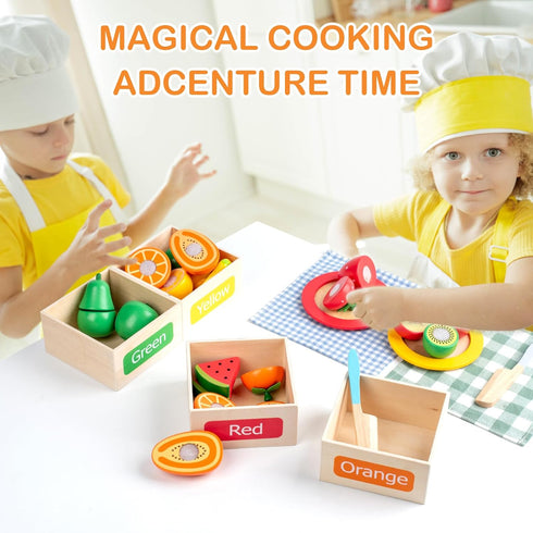 Sets Set Wooden Play Food for Kids Kitchen Accessories, Velcro Fruit and Veggies Cutting for Kids, Pretend Play Food