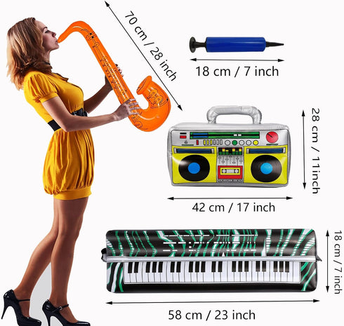 22 Pack Inflatable Guitar Set - Blow Up Guitars, Microphones, Glasses, Saxophone, Piano, and Recorder for Kids