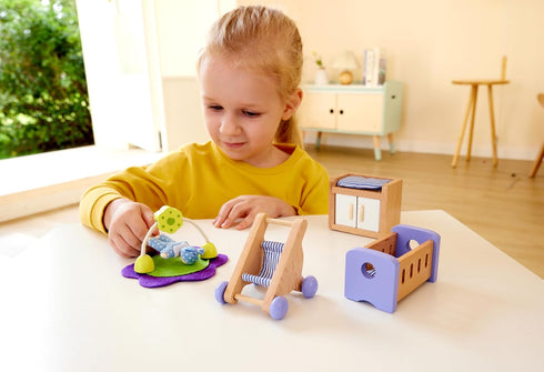 Set Playset Hape Wooden Doll House Furniture Baby's Room with Baby| Pretend for Kids Wooden Dollhouse