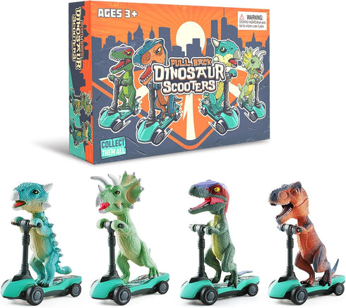 DINOBROS Dinosaur Scooter Toys - Pull Back Cars Mini Finger Kick Scooters, Dino Gift Sets for Kids 4-Pack
