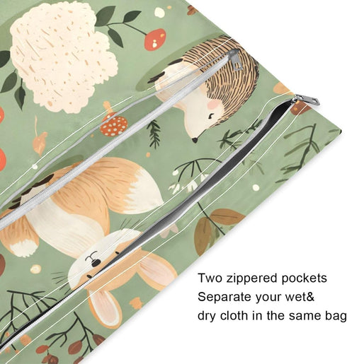 Gravopti Set 2, Woodland Animal Wet Dry Bags of Reusable Waterproof Organizer with Zipper Pockets for Baby Diapers