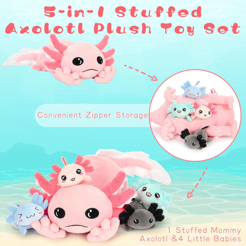 Tezituor Giant Axolotl Stuffed Animal with 4 Babies Inside, 31.5" Soft Realistic Plush Pillow Toy for Boys Girls