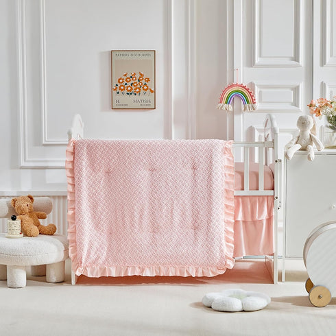 3 Set Flysheep Pieces Tufted Crib Bedding with Ruffle Fringe, Pink Ruffled Comforter with Fitted Sheet and Bed Skirt