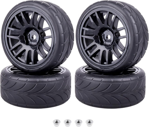 Preglued 1/10 On Road Wheels and Tires, 12mm Hex Rubber Flat Racing Tires for Traxxas and Tamiya (4PCS)