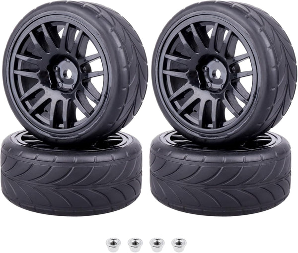 Preglued 1/10 On Road Wheels and Tires, 12mm Hex Rubber Flat Racing Tires for Traxxas and Tamiya (4PCS)