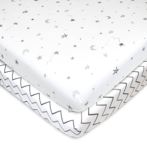 American Baby Company 2 Pack 100% Natural Cotton Fitted Pack and Play Sheets, Grey Stars