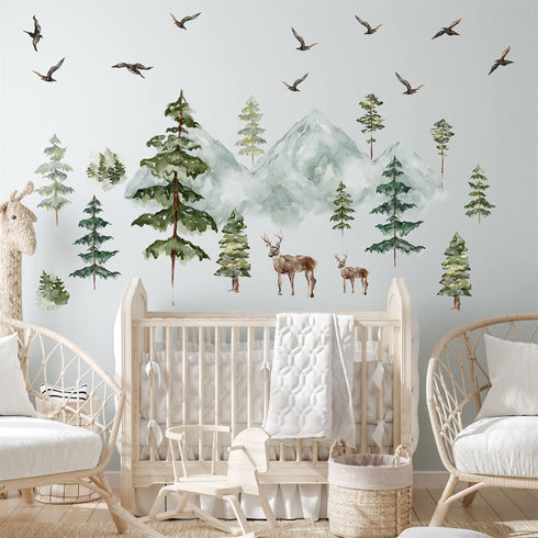 Mountain Wall Decals Large Pine Tree Wall Decals Peel and Stick Forest Tree Deer Birds Woodland Animal Decal Mountain