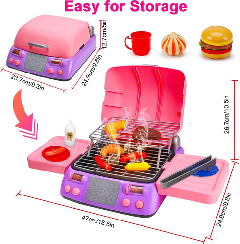 Playset 3-5 4-8 3 4 5 Kids BBQ Grill with Coooking Apron Hat Toddler Girl Pink Kitchen Toy Ages Pretend Smoke Sound
