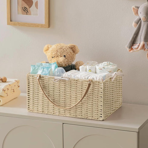 HBlife Large Baby Diaper Caddy Organizer, Paper Rope Storage Baskets Nursery Bin with Removable Divider, Portable Car