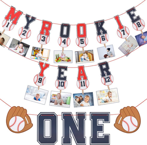 Geyee 2 Pcs 1st Monthly Photo Baseball Birthday Banner Rookie of the