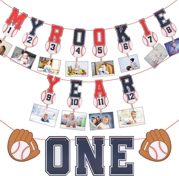 Geyee 2 Pcs 1st Monthly Photo Baseball Birthday Banner Rookie of the
