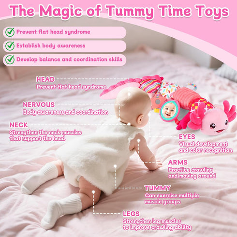 0-6 Tummy 0 3 6 9 12 Baby Girls Toys Months,Infant Sensory Caterpillar Pink Axolotl Baby Musical Rattles Time Toys