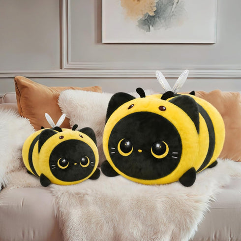 (8 Inch) Mewaii Cute Black Cat Bee Plush Pillow, Kawaii Plushies Bee Stuffed Toy, Kitten Plushies with Honeybee Outfit