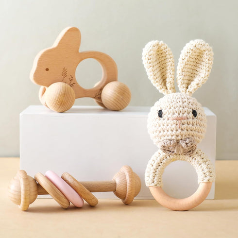 Wooden Baby Rattle 3 PCS Push Car Rattle Set, Crochet Rattle Ring Montessori Toy for Newborn Gifts