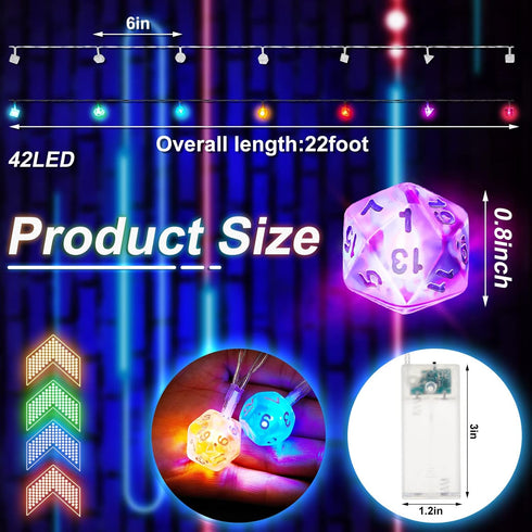 20 Wettarn ft Polyhedral Dice String Lights LED Dice Lights Strands Extendable Glow in the Dark Party Decorations