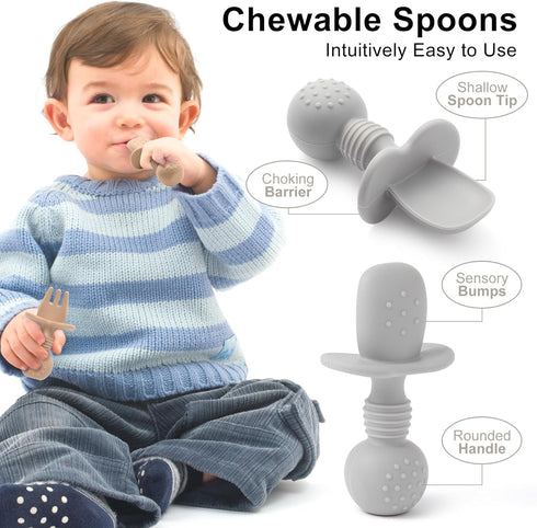 Silicone Baby Feeding Set, 2 Pack Divided Plates with Suction, 2 Pack Spoons and Forks, BPA Free, Baby Led Weaning