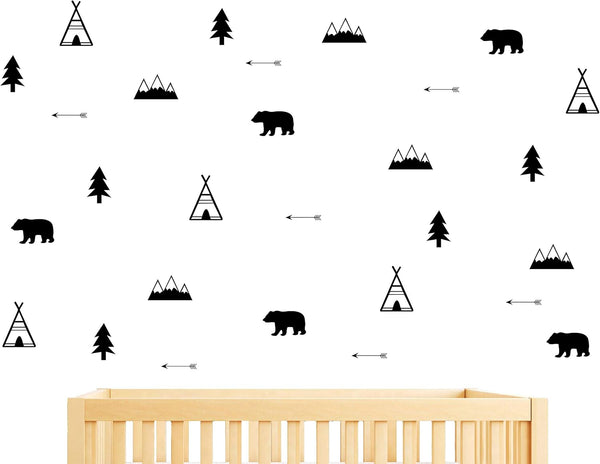 Woodland Wall Decal, Bears, Arrows, Teepees, Trees, and Mountains Decor, Matte Vinyl Stickers for Nursery