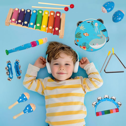 Wooden Musical Instruments Set for Toddlers 1-3, Natural Wood Percussion Instruments Gift Set with Storage Bag
