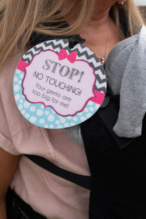 THREE LITTLE TOTS Pink Zig Zag Stop No Touching Baby Car Seat Sign or Stroller Tag - CPSIA Safety Tested