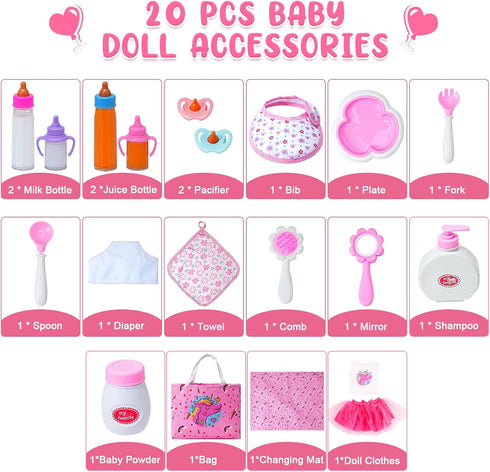 20 Pack Set 2 2 18 Inch Baby Doll Accessories, Baby Disappearing Doll Feeding and Caring with Milk & Juice Bottles, Toy