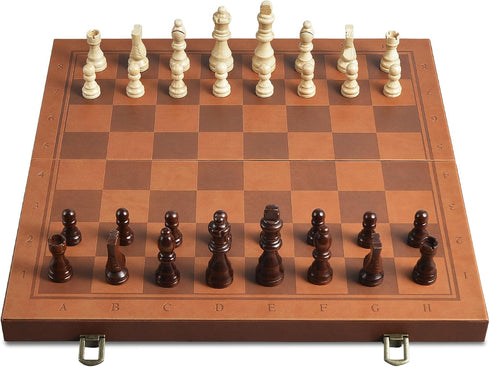 Set 15.4" 2 OUMODA Magnetic Chess for Adult Kid, Leather Chess Board with Handmade Chess Piece Including Extra Queens