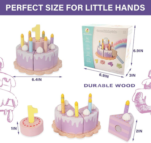 Wooden Birthday Fake Cake with Candles and Numbers - Pretend Play Food for Toddlers 1-3, Tea Party Learning Kitchen