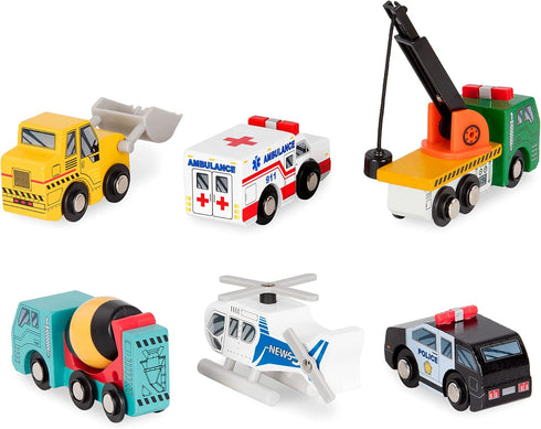 6 Set 3+ Set 1 Battat Wood Cars for Kids Pieces Toy Vehicle Mini Rescue & Construction Vehicles Toddler Truck Toys