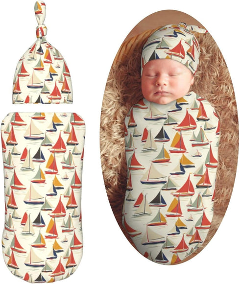 Sailboats Cartoon Newborn Swaddle Blankets Hat Sets Soft Baby Receiving Blanket Swaddle