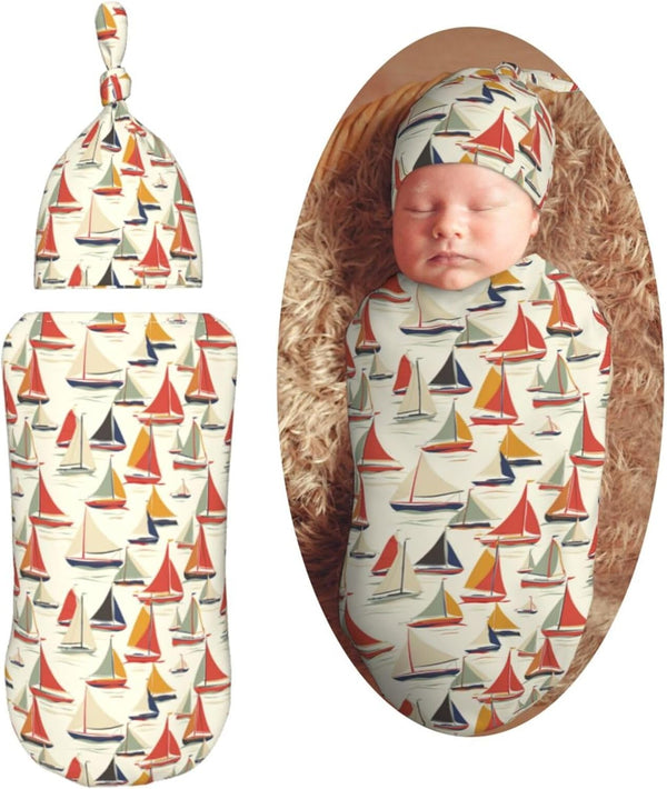Sailboats Cartoon Newborn Swaddle Blankets Hat Sets Soft Baby Receiving Blanket Swaddle