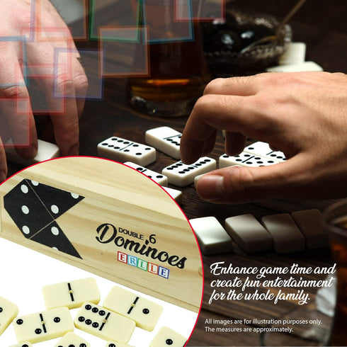 Set, 28-Piece Set ERLLE - Dominoes Premium Classic Double Six Domino with Wooden Case, Family & Kids Board Game